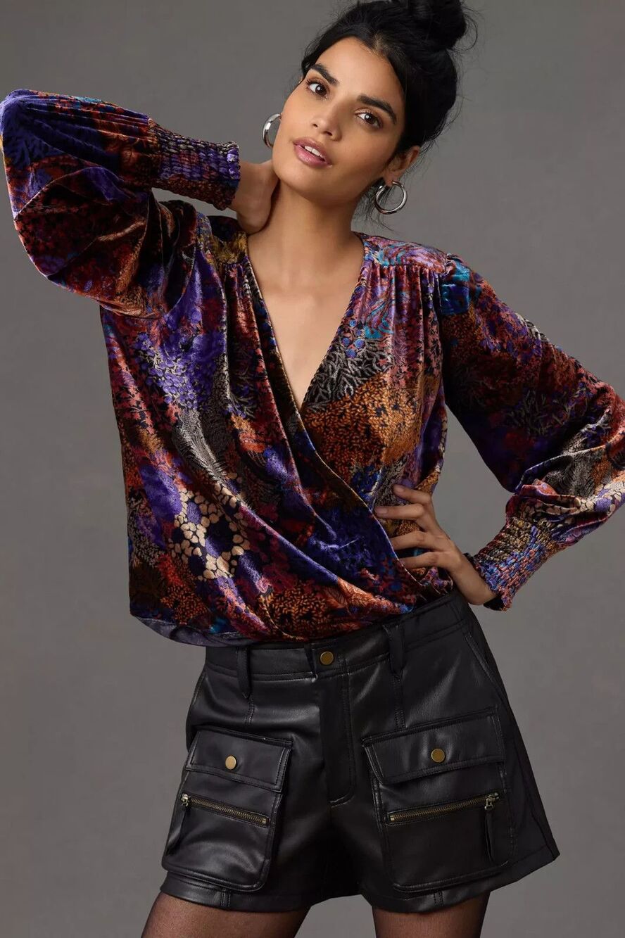 Anthropologie Wrap Blouse Small Multi Floral Velvet Boho Romantic Whimsygoth